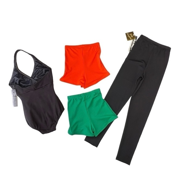 Body Wrappers XS Black Leotard & Leggings +  2 Pair Boy Shorts Orange Green New - Picture 2 of 12
